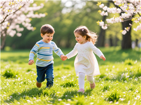 春天户外草地手牵手奔跑的萌娃图片
